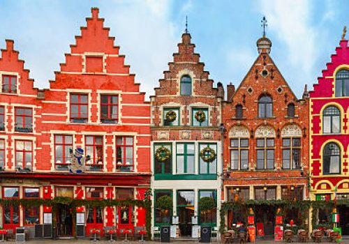 Christmas Grote Markt square in the beautiful medieval city Brugge at morning, Belgium.
