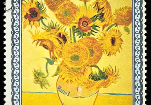 Vincent Van Gogh Sunflowers picture in a cancelled stamp