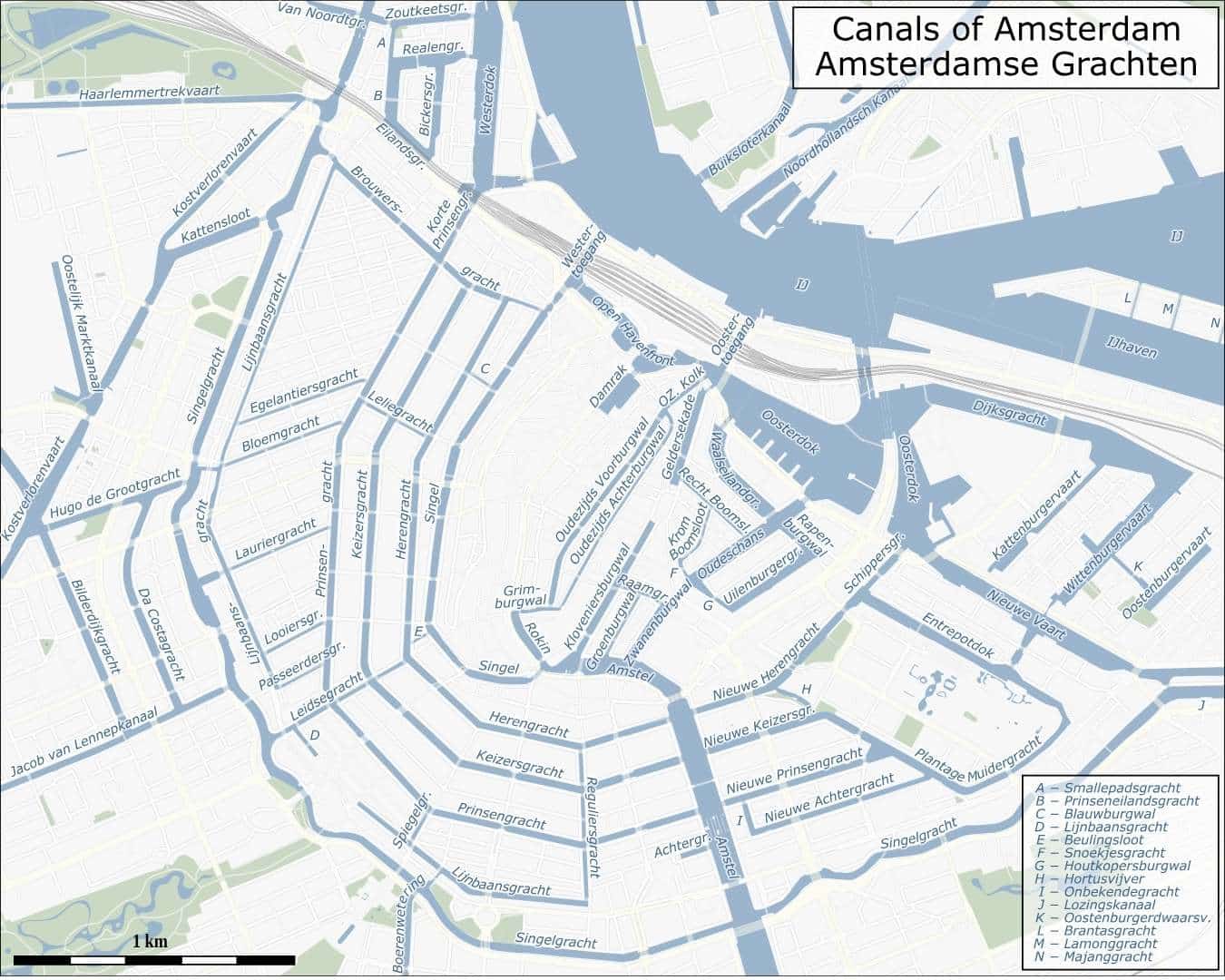 Mapa de los canales de Amsterdam.